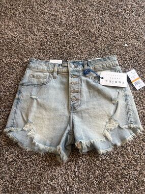 eunina Light Blue Distressed High-Rise Denim Shorts